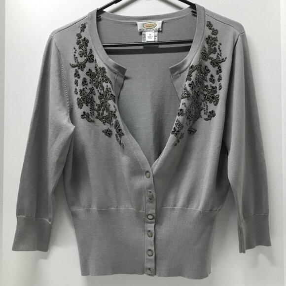 Talbots Petites Gray Beaded Silk Blend Twinset - Picture 4 of 16
